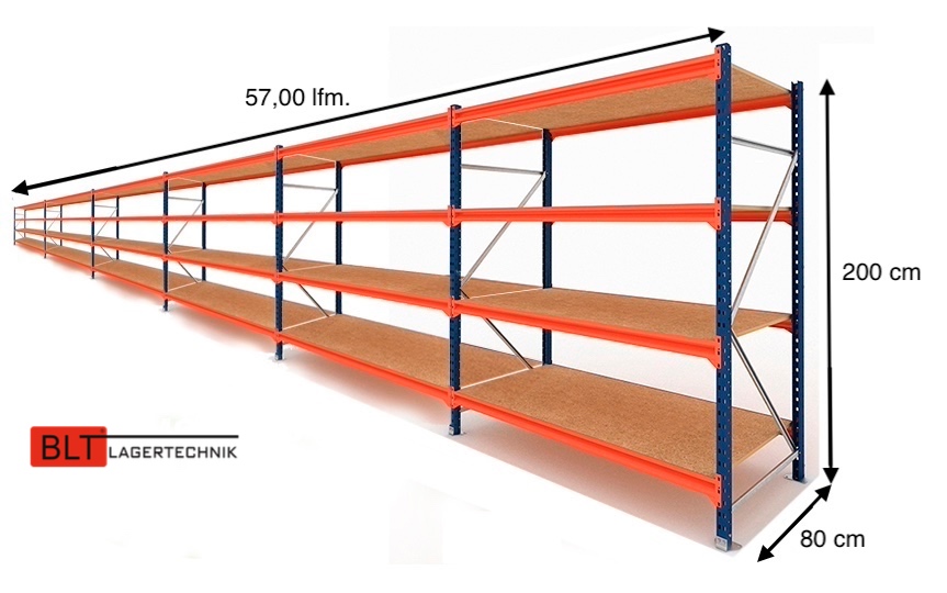 57 lfm Weitspannregale 80cm tief , 4 Ebenen, Werkstattregale , Lagerregale , Großfachregale , Handlager , Fachbodenregale